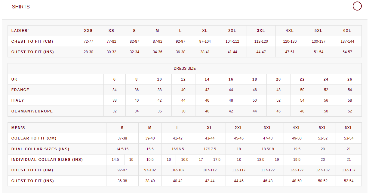 Wordans Size Chart